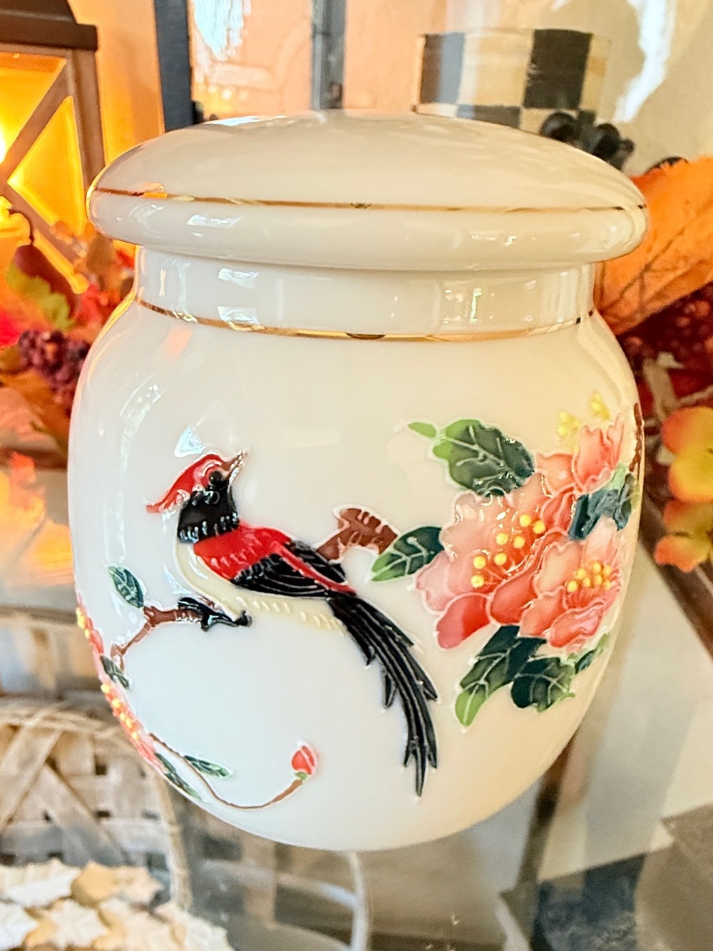 Vintage Teavana Sky-Bird fine Porcelain Tea Canister with Hand-Painted Bird